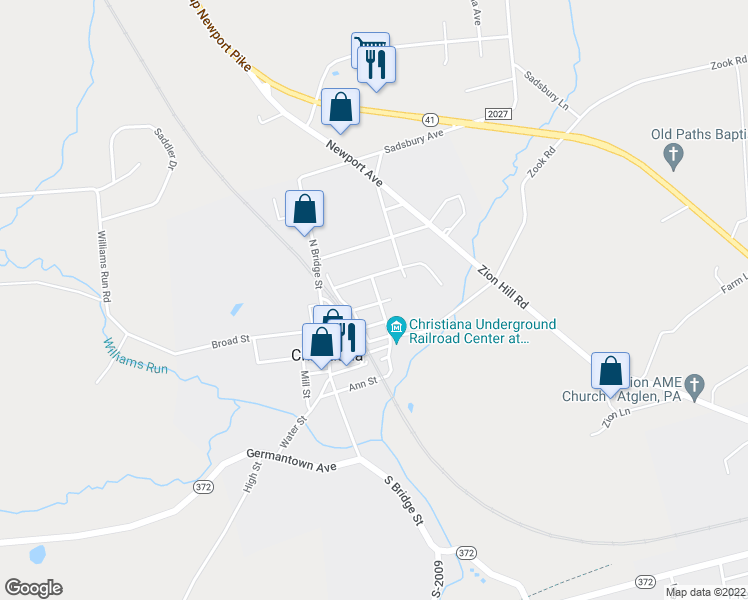map of restaurants, bars, coffee shops, grocery stores, and more near 25 Maple Avenue in Christiana
