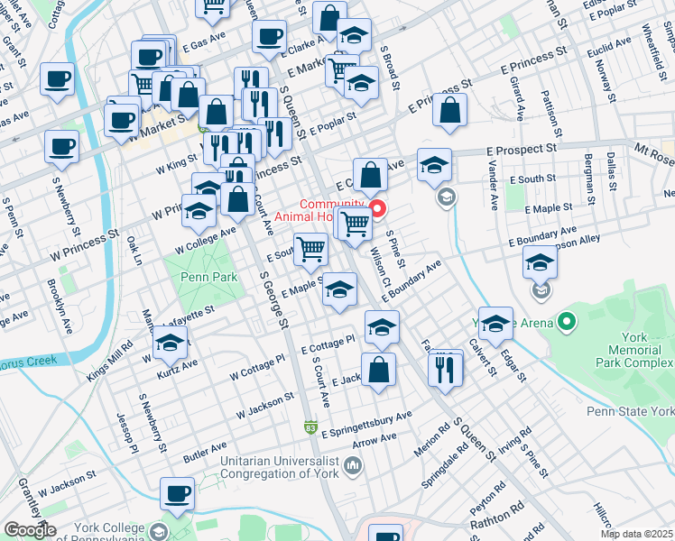 map of restaurants, bars, coffee shops, grocery stores, and more near 139 East Maple Street in York