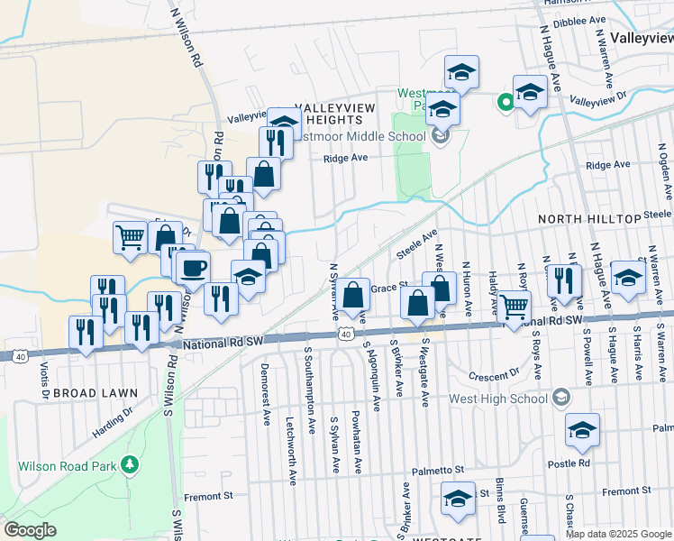 map of restaurants, bars, coffee shops, grocery stores, and more near 110 North Sylvan Avenue in Columbus