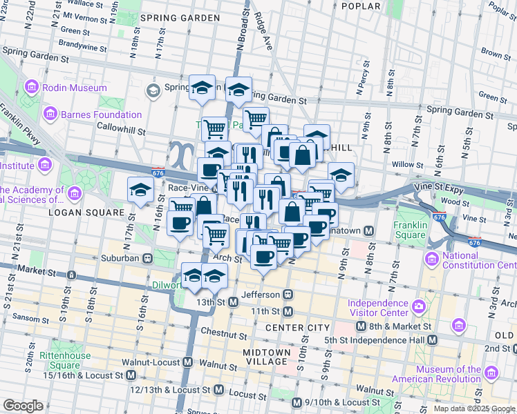 map of restaurants, bars, coffee shops, grocery stores, and more near 224 North Camac Street in Philadelphia