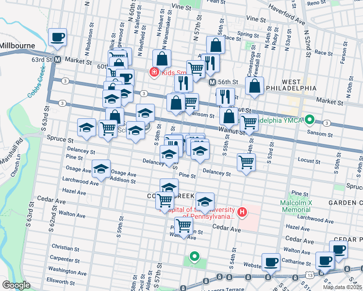 map of restaurants, bars, coffee shops, grocery stores, and more near 263 South 57th Street in Philadelphia