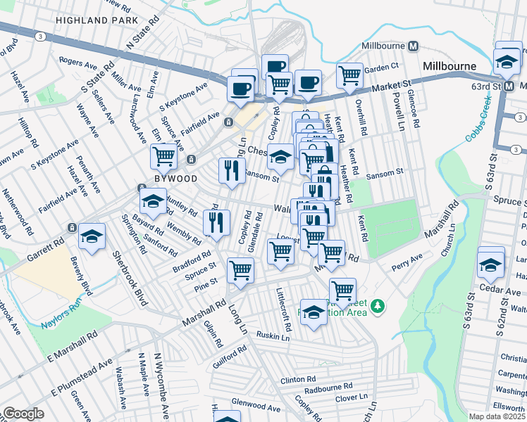 map of restaurants, bars, coffee shops, grocery stores, and more near 219 Glendale Road in Delaware County