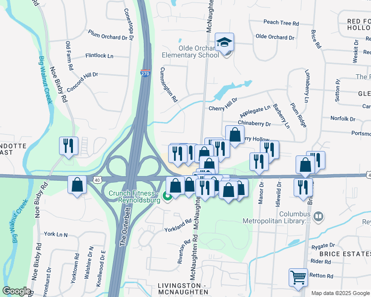 map of restaurants, bars, coffee shops, grocery stores, and more near 5951 Parliament Drive in Columbus