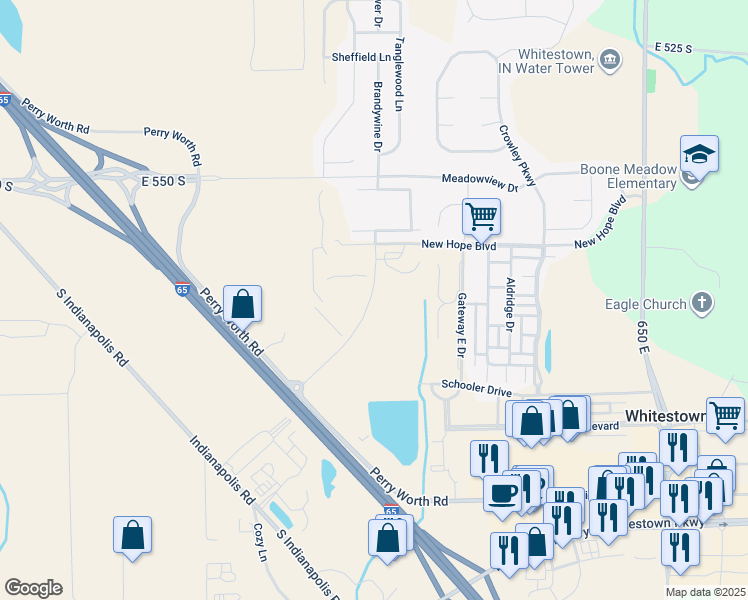 map of restaurants, bars, coffee shops, grocery stores, and more near 5775 Sunrise Way in Whitestown