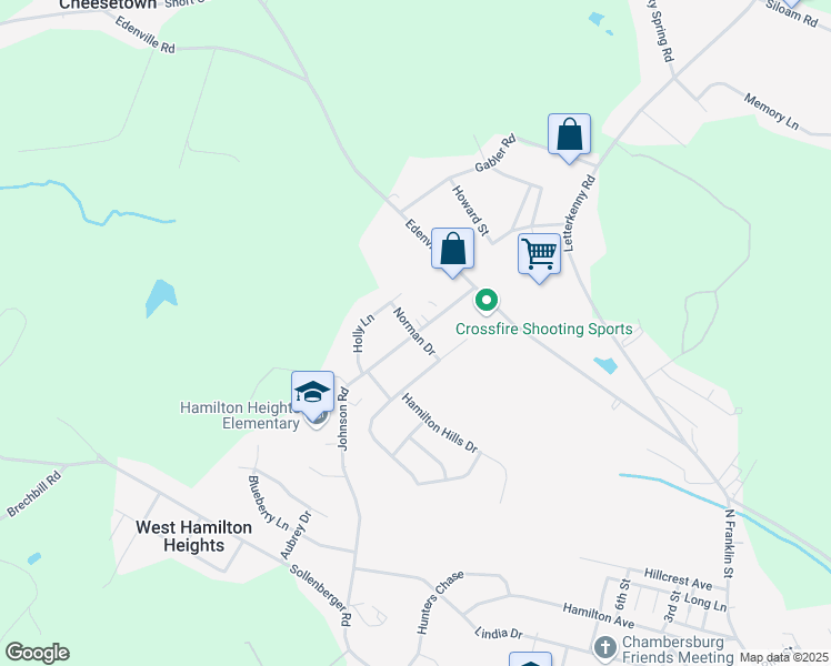 map of restaurants, bars, coffee shops, grocery stores, and more near 1843 Johnson Road in Chambersburg