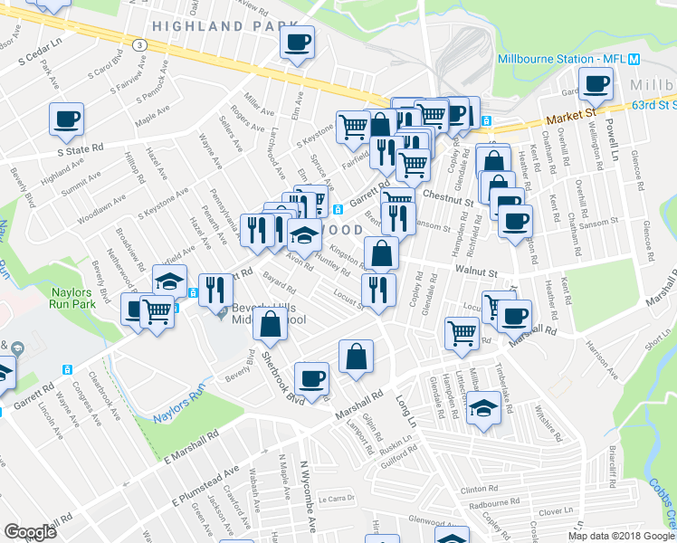 map of restaurants, bars, coffee shops, grocery stores, and more near 300 Huntley Road in Upper Darby