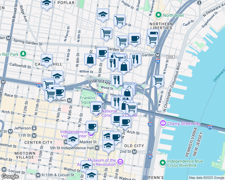 map of restaurants, bars, coffee shops, grocery stores, and more near 334 North Lawrence Street in Philadelphia
