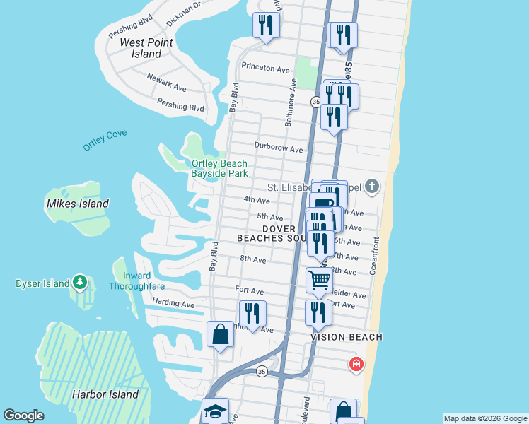 map of restaurants, bars, coffee shops, grocery stores, and more near 1931 Baltimore Avenue in Seaside Heights
