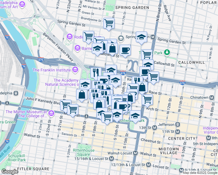 map of restaurants, bars, coffee shops, grocery stores, and more near 1709 Benjamin Franklin Parkway in Philadelphia