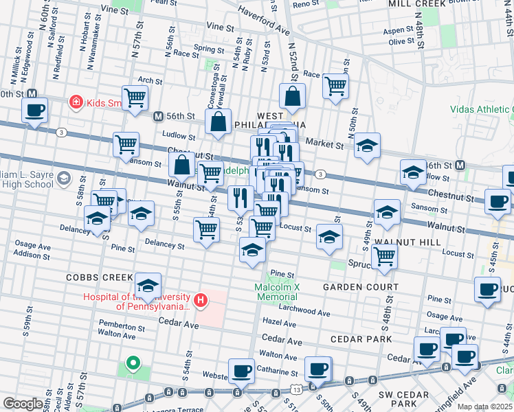 map of restaurants, bars, coffee shops, grocery stores, and more near 5235 Chancellor Street in Philadelphia