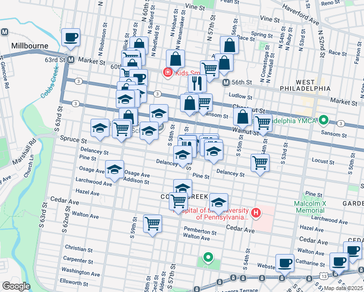 map of restaurants, bars, coffee shops, grocery stores, and more near 264 South Alden Street in Philadelphia