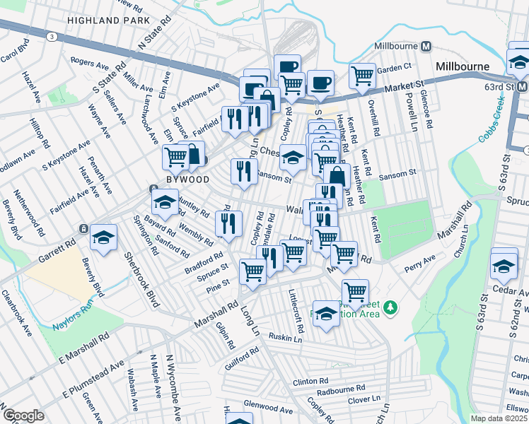 map of restaurants, bars, coffee shops, grocery stores, and more near 211 Copley Road in Upper Darby