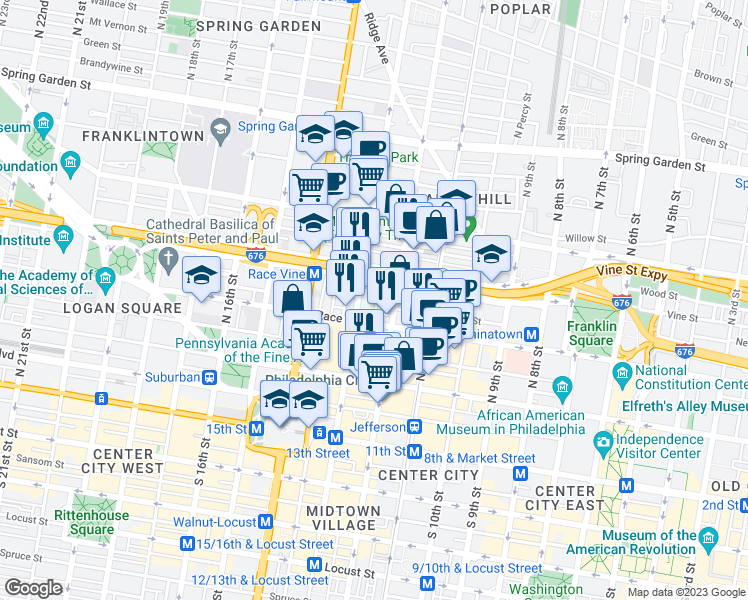 map of restaurants, bars, coffee shops, grocery stores, and more near 224 North Camac Street in Philadelphia