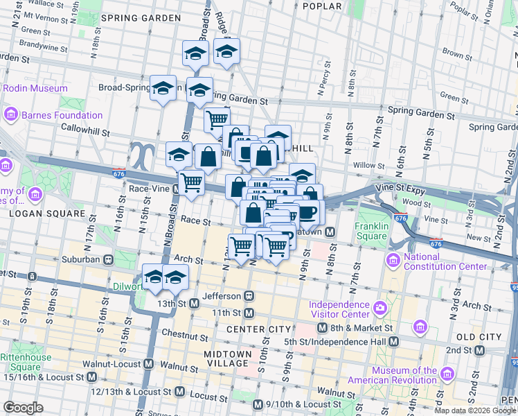 map of restaurants, bars, coffee shops, grocery stores, and more near 1100 Vine Street in Philadelphia