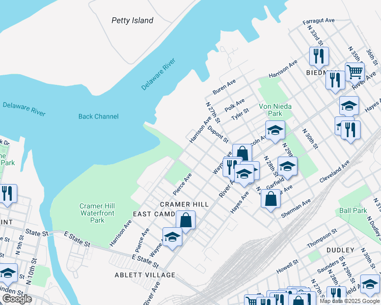 map of restaurants, bars, coffee shops, grocery stores, and more near 1234 North 25th Street in Camden