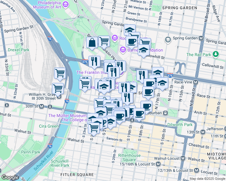 map of restaurants, bars, coffee shops, grocery stores, and more near 129 North 21st Street in Philadelphia