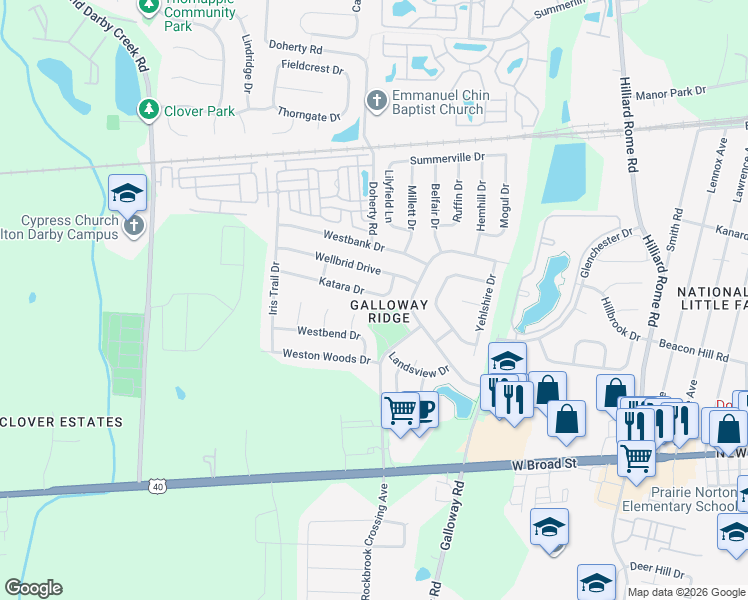 map of restaurants, bars, coffee shops, grocery stores, and more near 5819 Katara Drive in Galloway