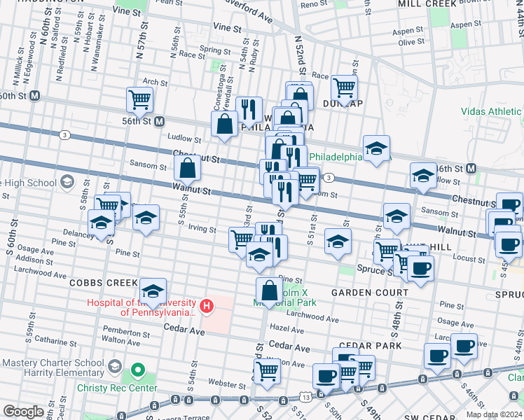 map of restaurants, bars, coffee shops, grocery stores, and more near 5239 Chancellor Street in Philadelphia