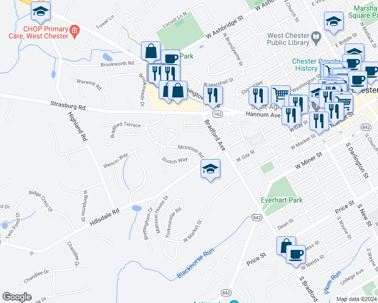 map of restaurants, bars, coffee shops, grocery stores, and more near 220 McIntosh Road in West Chester