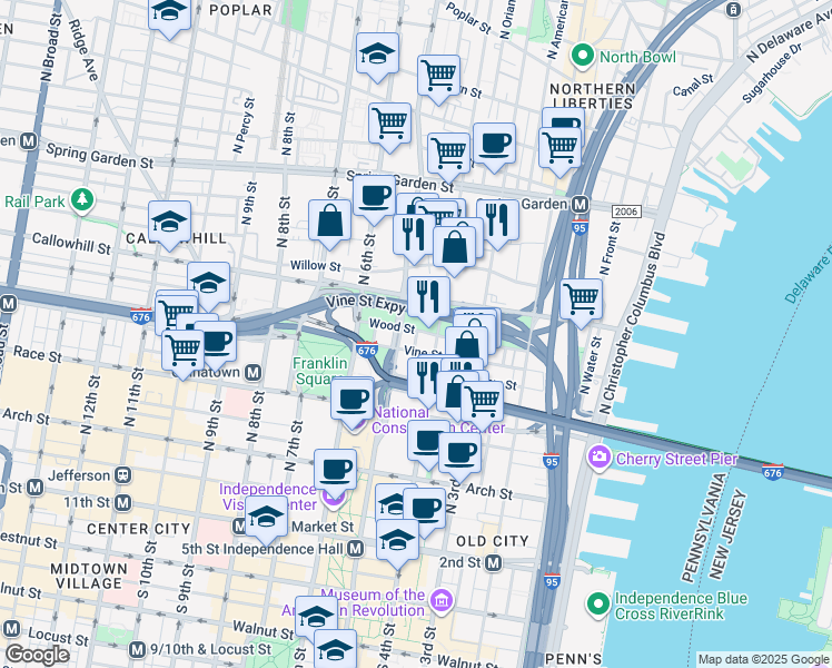 map of restaurants, bars, coffee shops, grocery stores, and more near 327 North Lawrence Street in Philadelphia