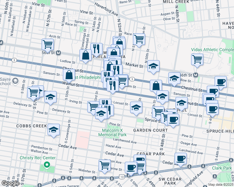 map of restaurants, bars, coffee shops, grocery stores, and more near 5136 Walnut Street in Philadelphia