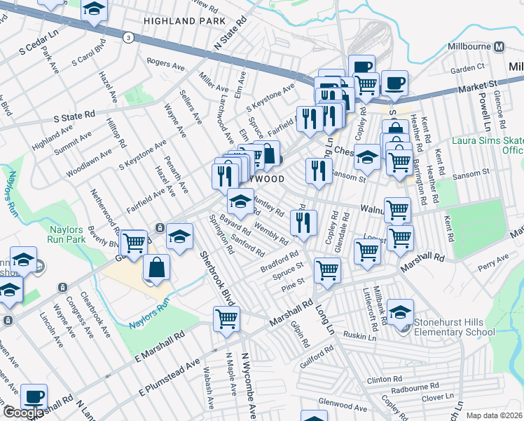 map of restaurants, bars, coffee shops, grocery stores, and more near 330 Huntley Road in Delaware County