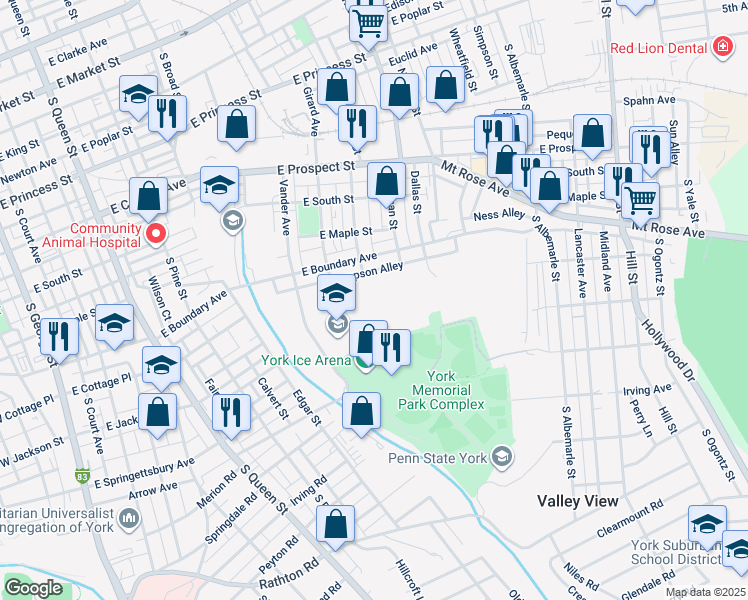 map of restaurants, bars, coffee shops, grocery stores, and more near 601 East Springettsbury Avenue in York