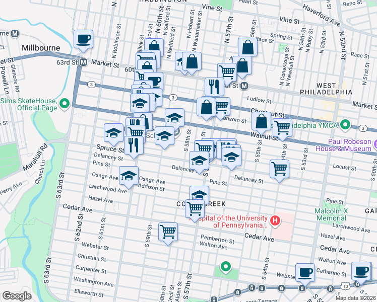 map of restaurants, bars, coffee shops, grocery stores, and more near 265 South 58th Street in Philadelphia
