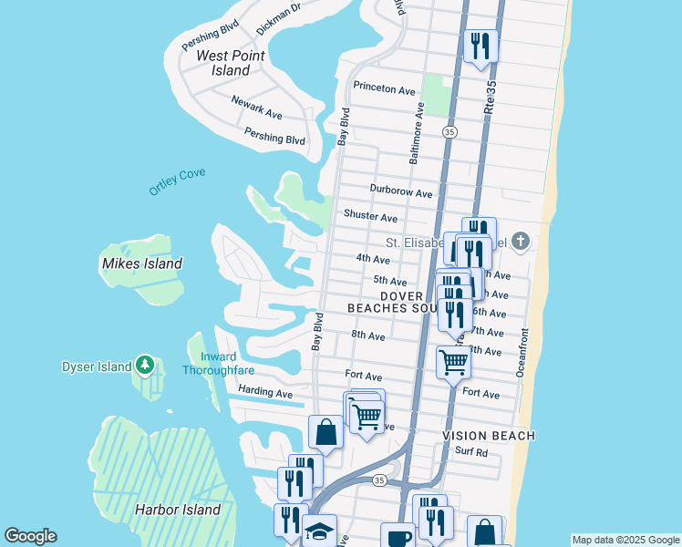 map of restaurants, bars, coffee shops, grocery stores, and more near 1928 Bay Boulevard in Seaside Heights