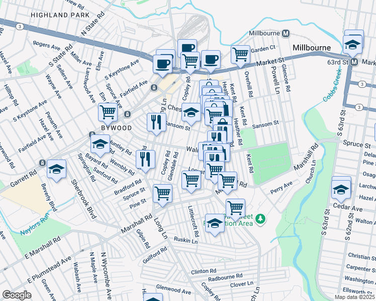 map of restaurants, bars, coffee shops, grocery stores, and more near 206 Avon Road in Delaware County
