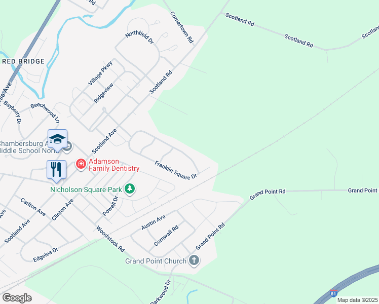 map of restaurants, bars, coffee shops, grocery stores, and more near 664 Franklin Square Drive in Chambersburg