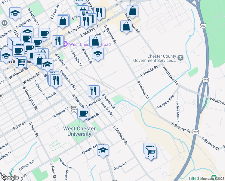 map of restaurants, bars, coffee shops, grocery stores, and more near 510 East Nields Street in West Chester