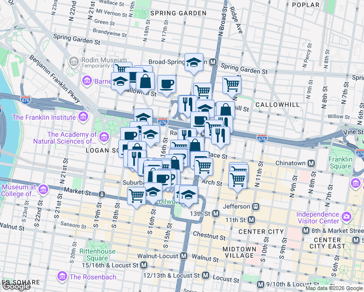 map of restaurants, bars, coffee shops, grocery stores, and more near North 15th Street in Philadelphia