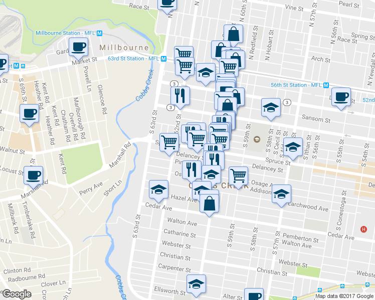 map of restaurants, bars, coffee shops, grocery stores, and more near 6124 Spruce Street in Philadelphia