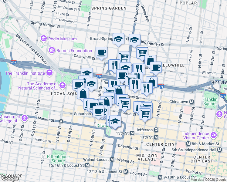 map of restaurants, bars, coffee shops, grocery stores, and more near 225 North 15th Street in Philadelphia