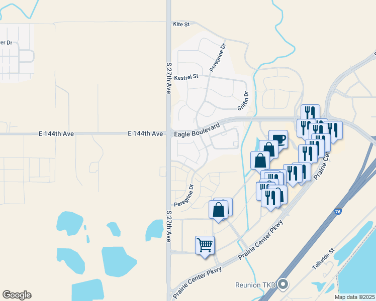 map of restaurants, bars, coffee shops, grocery stores, and more near 2103 Peregrine Drive in Brighton
