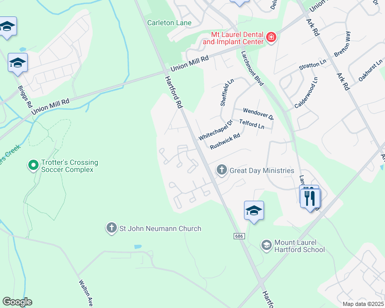 map of restaurants, bars, coffee shops, grocery stores, and more near 5 Rushwick Road in Mount Laurel Township