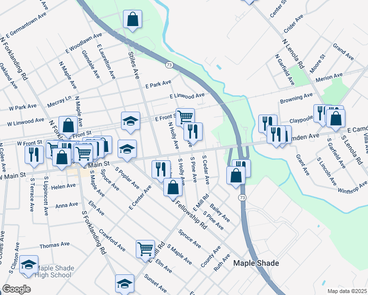 map of restaurants, bars, coffee shops, grocery stores, and more near 15 North Holly Avenue in Maple Shade