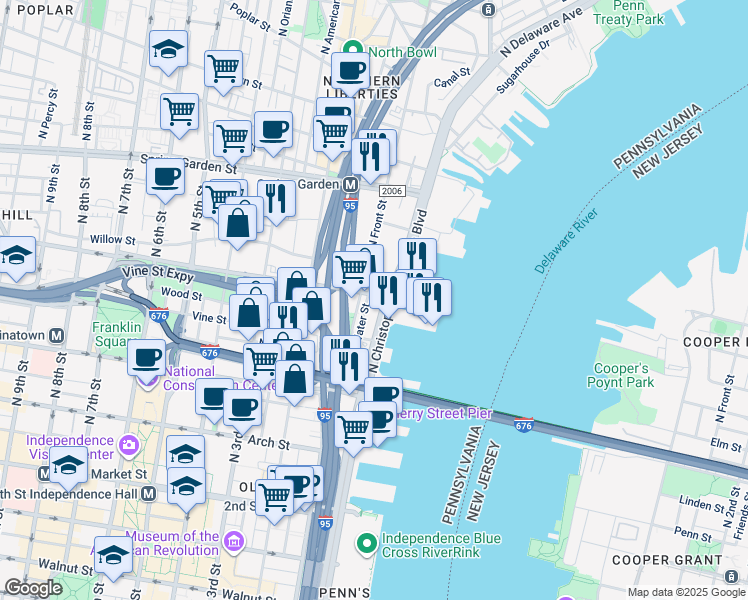 map of restaurants, bars, coffee shops, grocery stores, and more near 403 North Front Street in Philadelphia