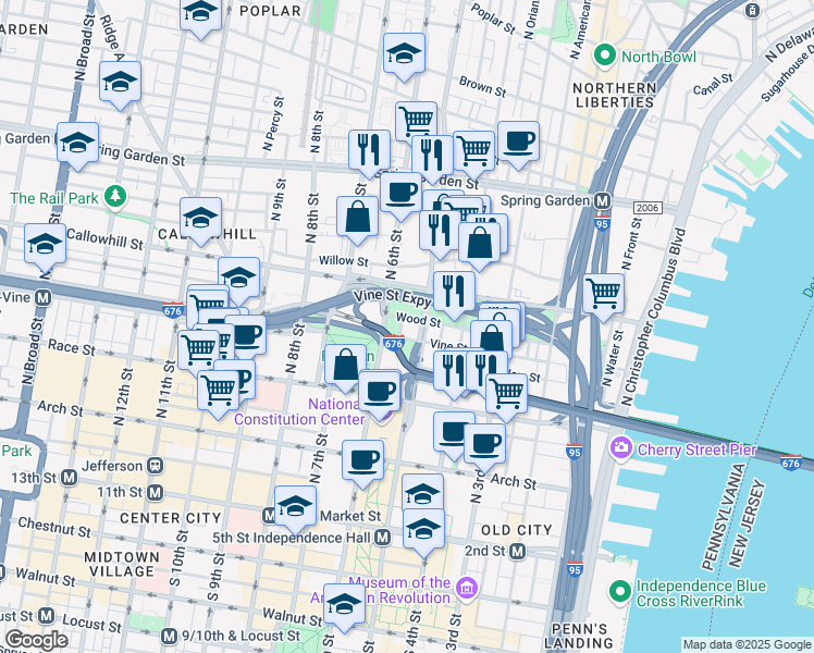 map of restaurants, bars, coffee shops, grocery stores, and more near 517 Wood Street in Philadelphia
