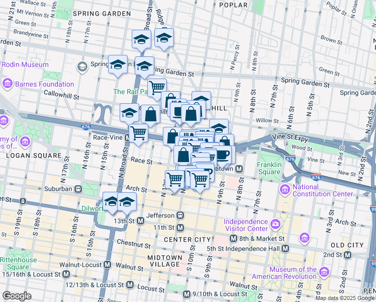 map of restaurants, bars, coffee shops, grocery stores, and more near 1102 Vine Street in Philadelphia