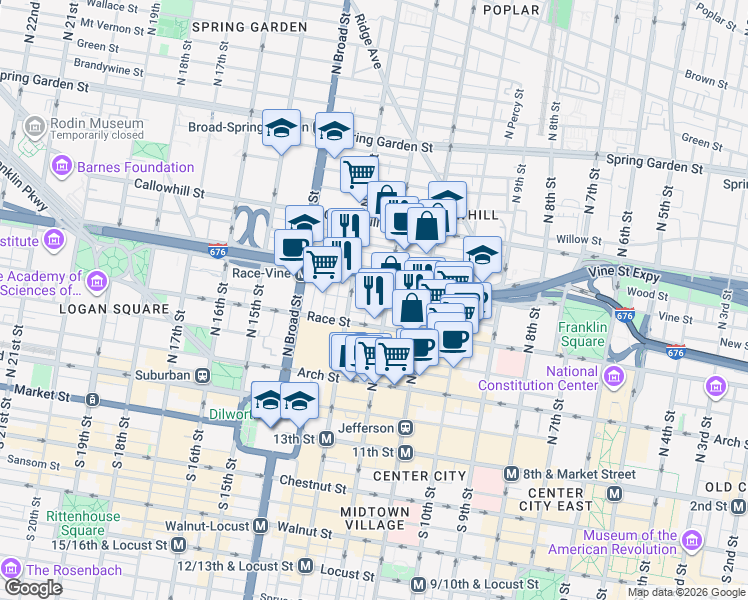 map of restaurants, bars, coffee shops, grocery stores, and more near in Philadelphia