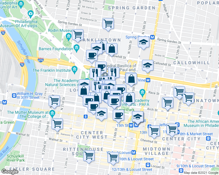 map of restaurants, bars, coffee shops, grocery stores, and more near in Philadelphia