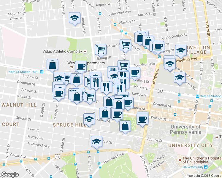map of restaurants, bars, coffee shops, grocery stores, and more near 4054 Market Street in Philadelphia