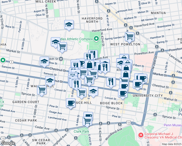 map of restaurants, bars, coffee shops, grocery stores, and more near 24 South 43rd Street in Philadelphia