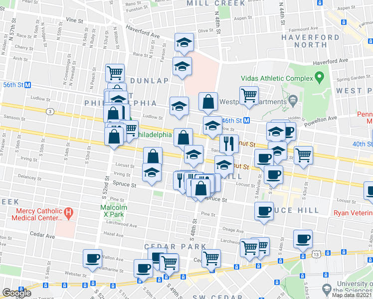 map of restaurants, bars, coffee shops, grocery stores, and more near 4840 Chestnut Street in Philadelphia