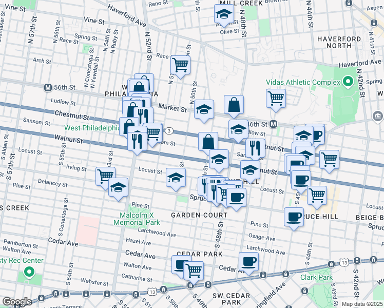 map of restaurants, bars, coffee shops, grocery stores, and more near 4934 Sansom Street in Philadelphia