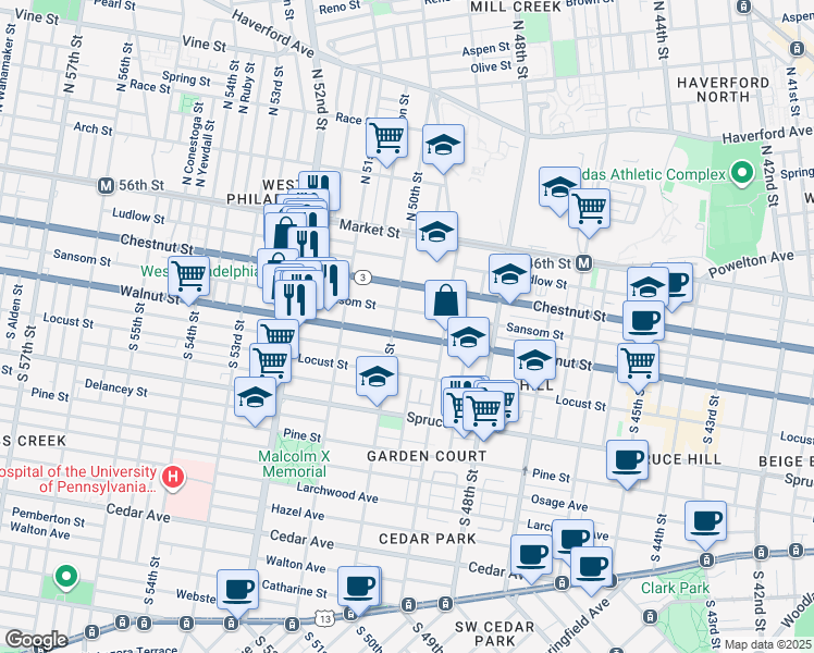map of restaurants, bars, coffee shops, grocery stores, and more near 4934 Sansom Street in Philadelphia