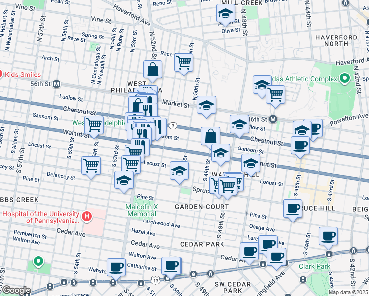 map of restaurants, bars, coffee shops, grocery stores, and more near 5012 Sansom Street in Philadelphia