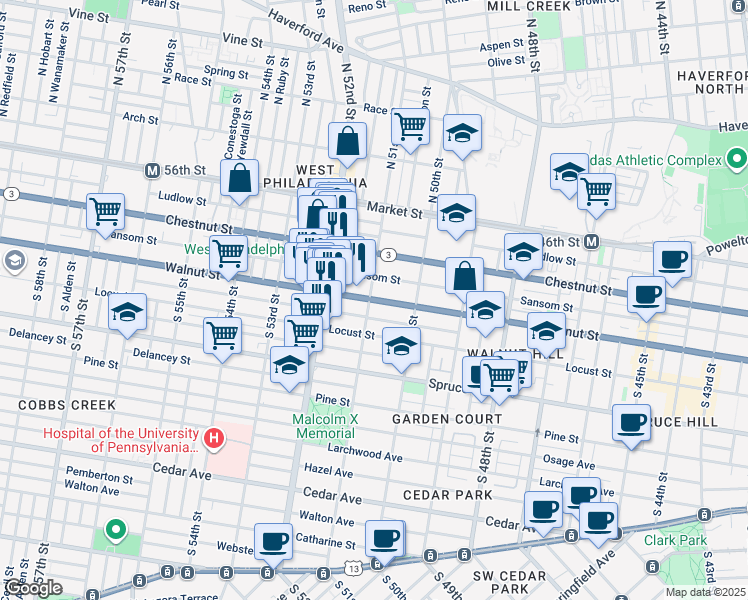 map of restaurants, bars, coffee shops, grocery stores, and more near 5053 Walnut Street in Philadelphia